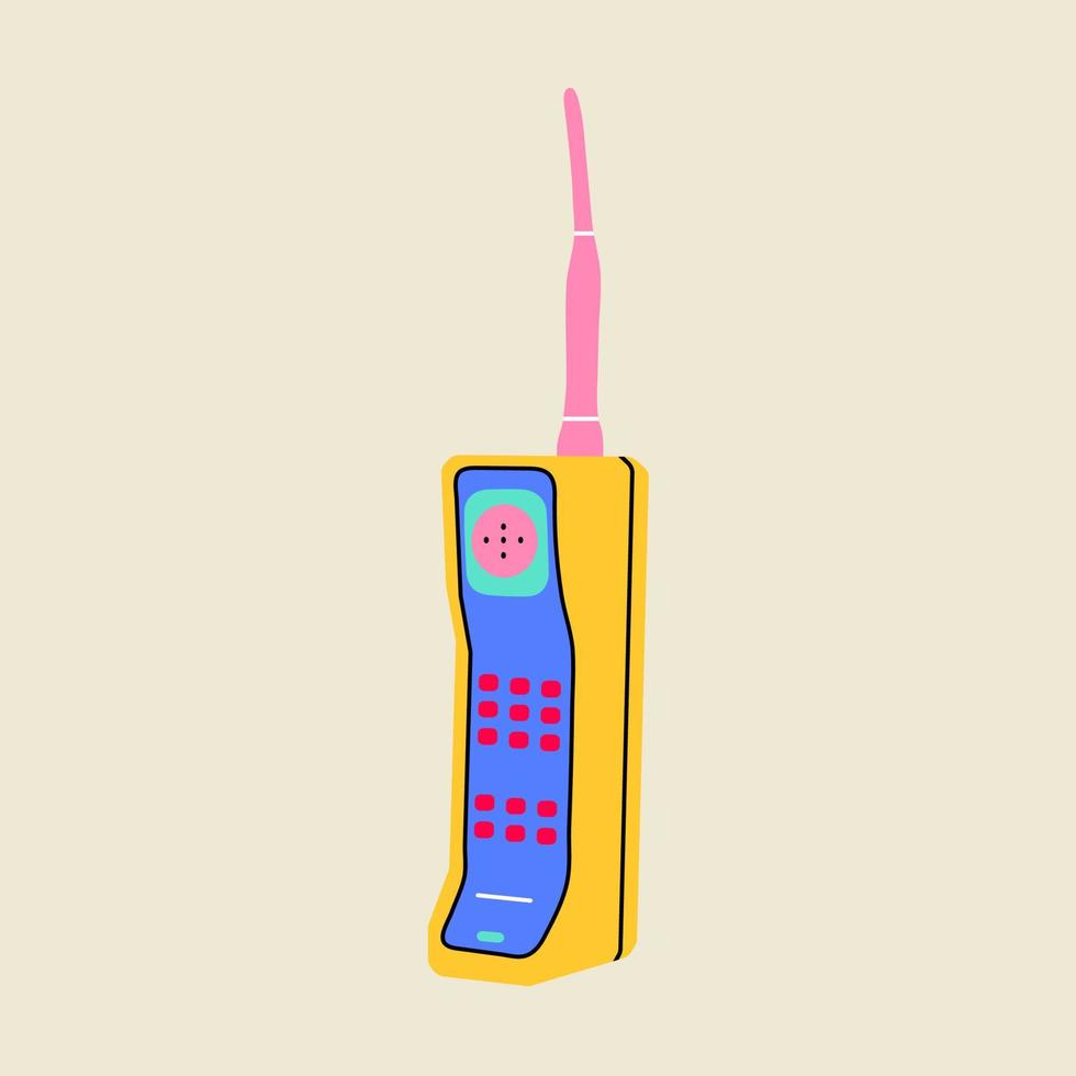 Classic nostalgic digital 80s 90s elements in modern style flat, line style. Hand drawn vector illustration of retro or vintage phone, handset, mobile cellphone. Fashion patch, badge, emblem, logo