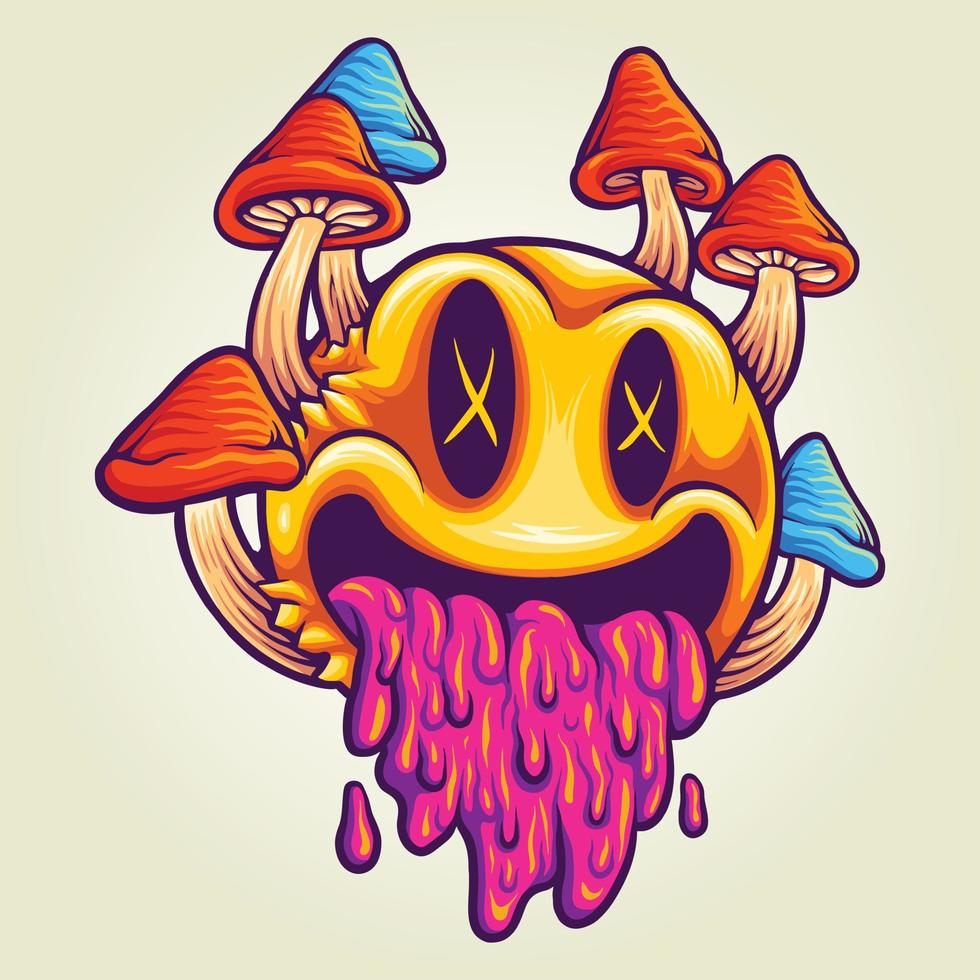 Funny psychedelic mushrooms emoticons colorful illustrations vector