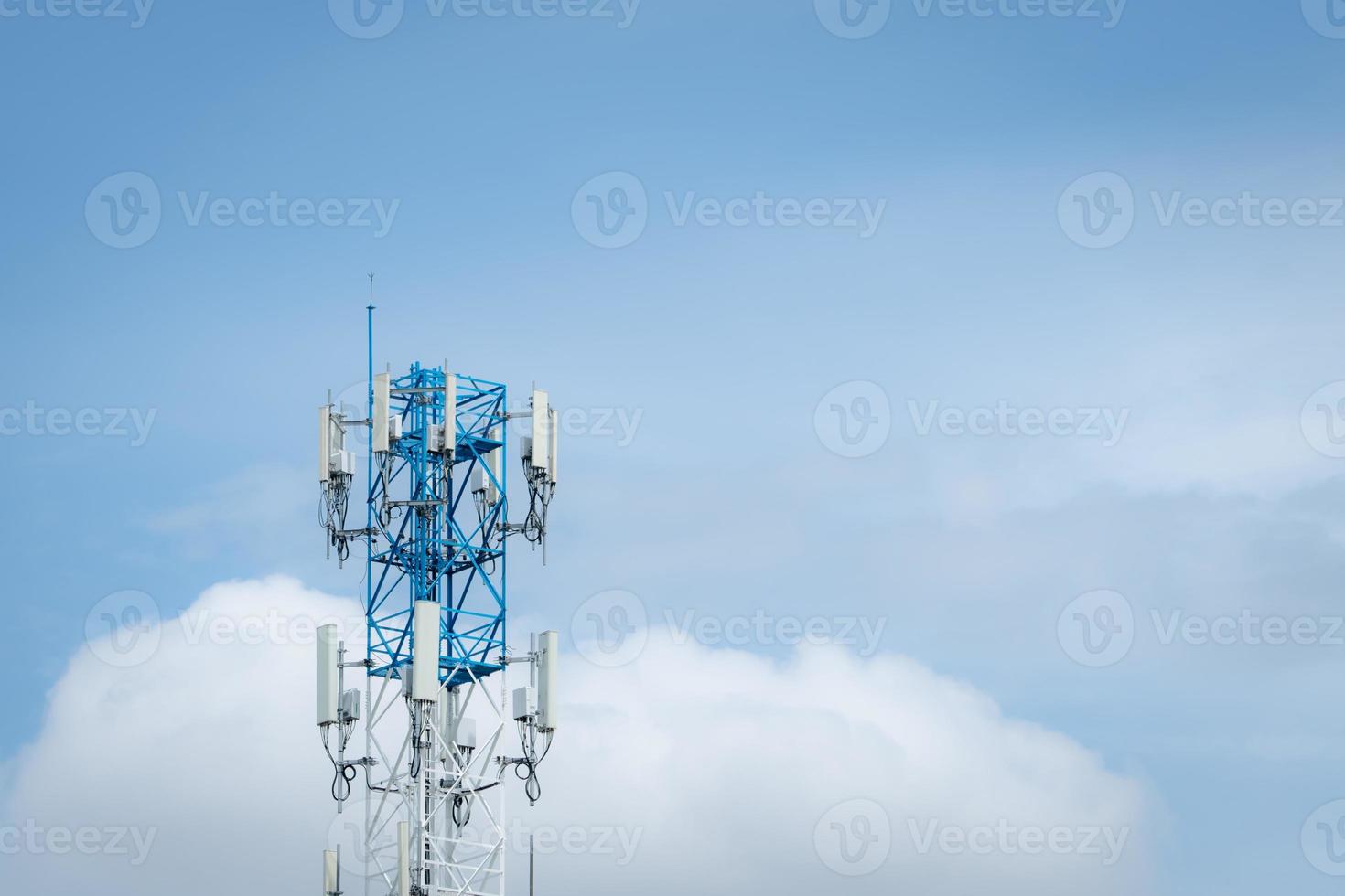 Telecommunication equipment for 5g radio network. Telecommunication tower. Antenna for wireless network. Broadcasting tower for internet communication. Broadcast antenna. Cell phone 5g antenna. photo