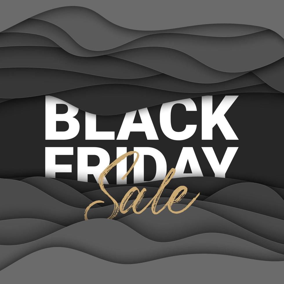 Black friday sale. Vector paper cut background with words for poster, advertising, banner, site decoration, offer, promo, flyer, brochure, social media posts. Craft black origami.