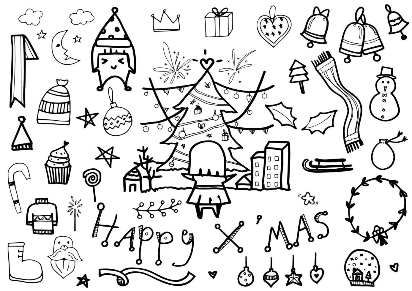 vector set of Christmas drawn doodles in black line on a white background