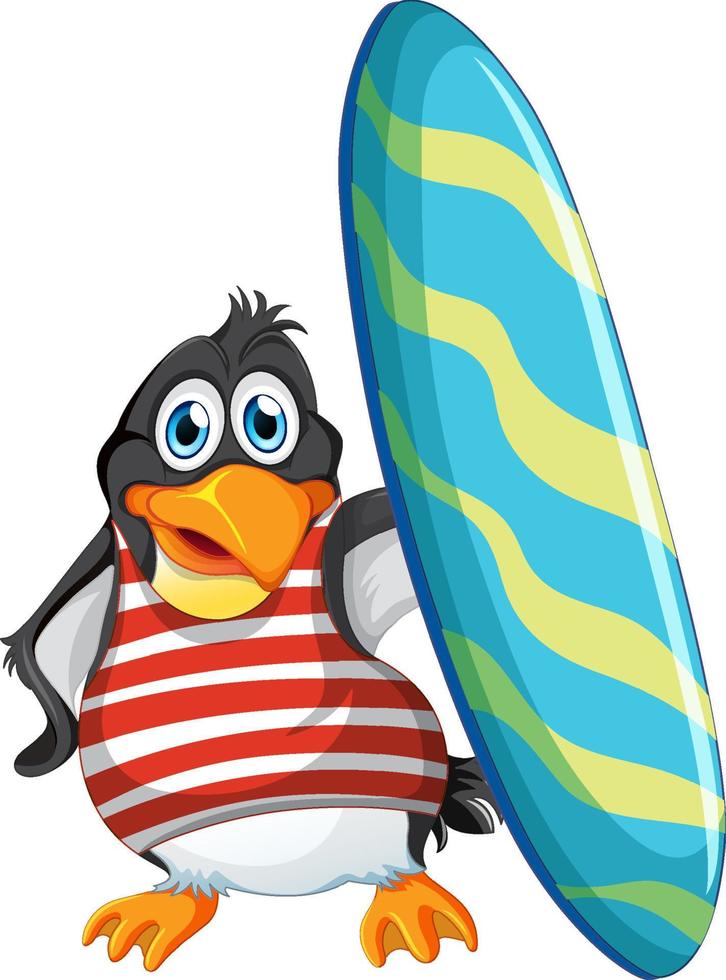 lindo personaje de dibujos animados de pingüinos con tabla de surf vector