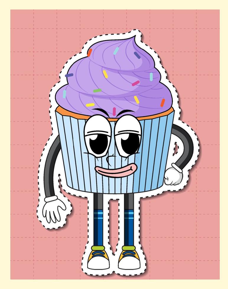 lindo personaje de dibujos animados de cupcake en el fondo de la cuadrícula vector