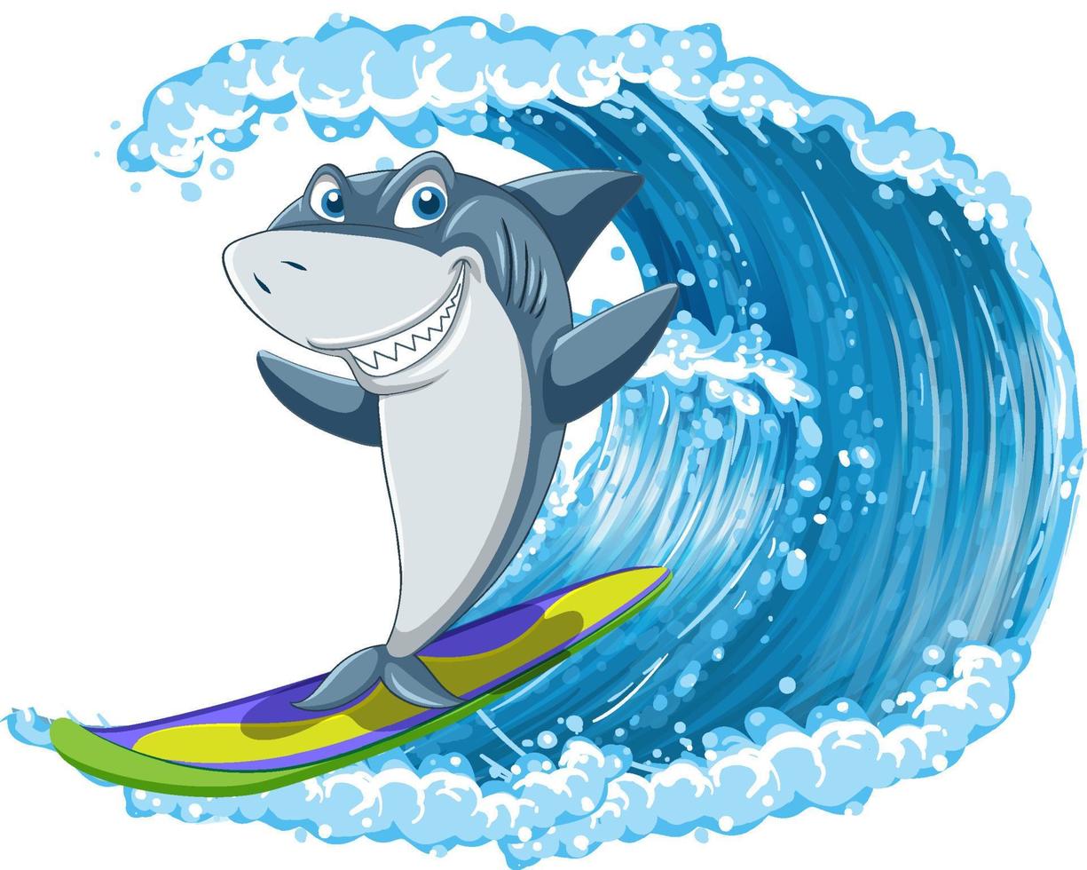 Shark on surfboard with ocean wave vector