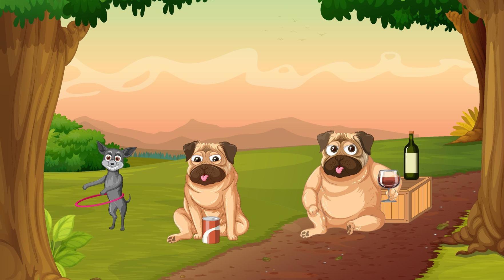 Outdoor park scene with many dogs and camels vector