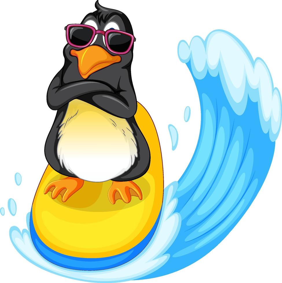 Cute penguin cartoon character surfing vector