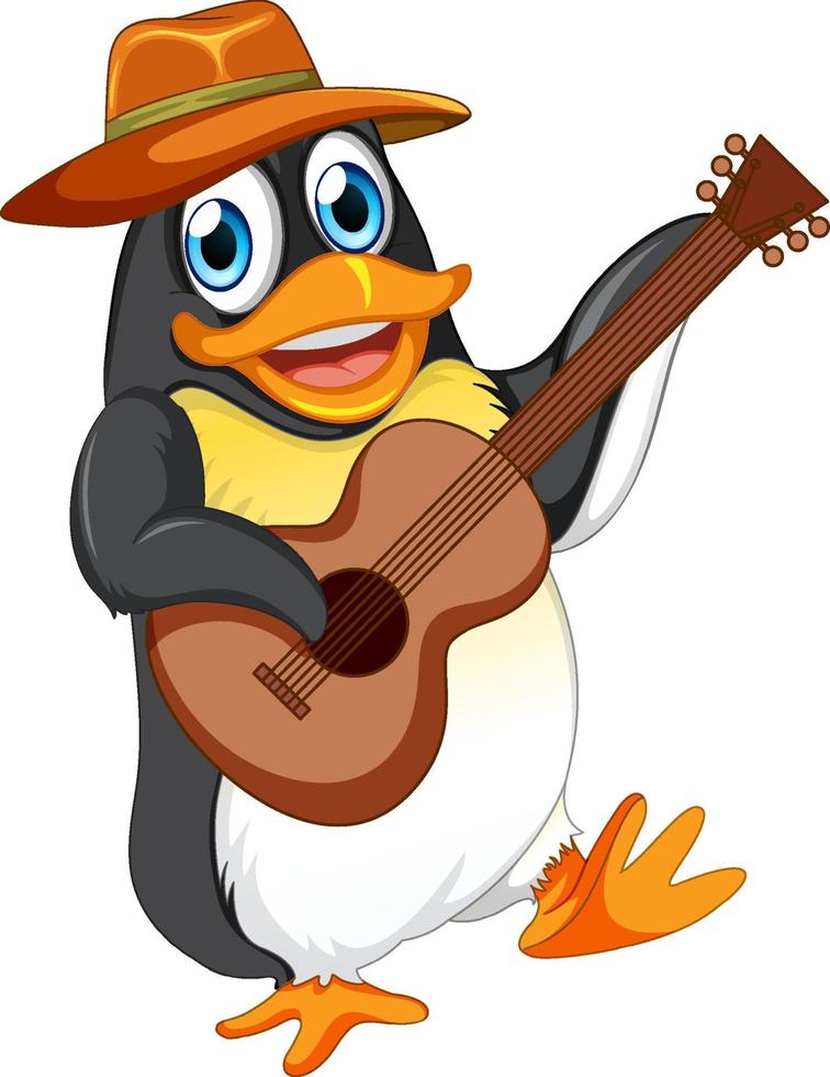 Cute penguin cartoon character playing guitar vector