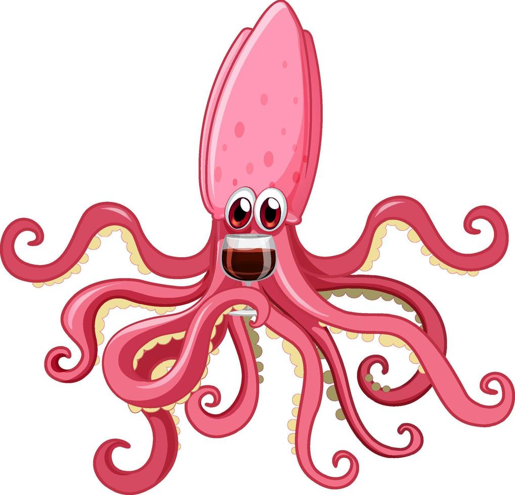 Pink octopus drinking wine vector