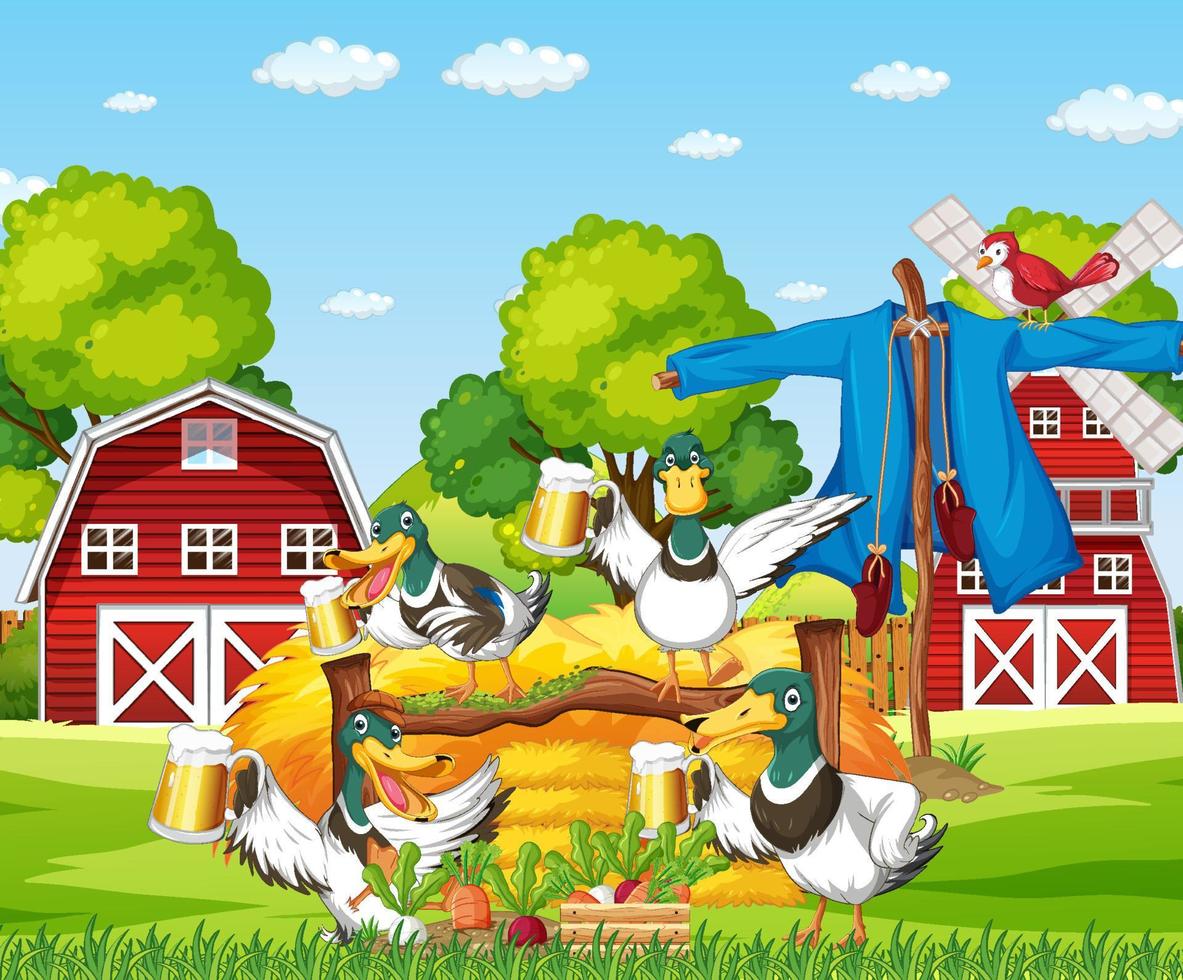 Outdoor scene with cartoon ducks vector