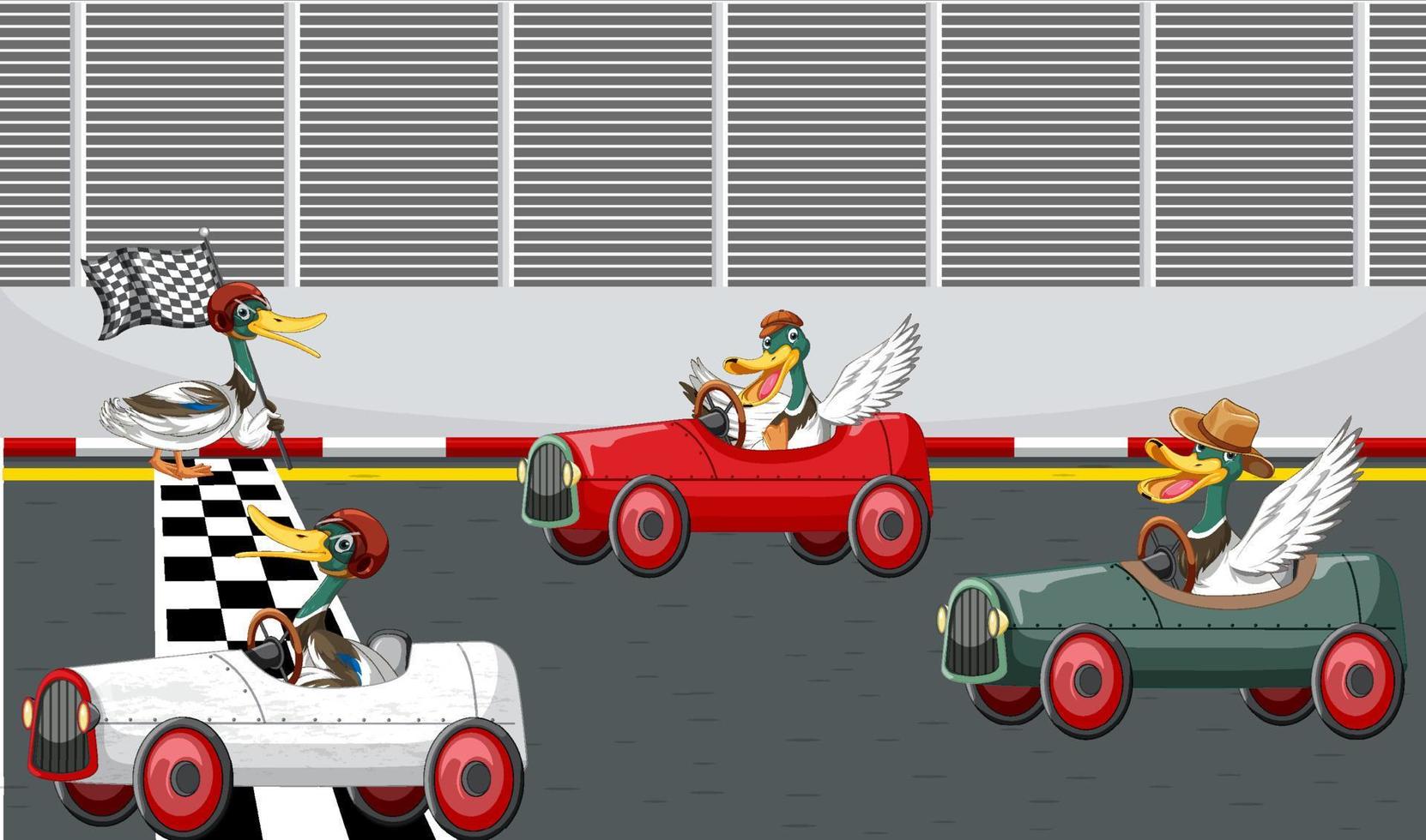 Soap box derby race with ducks cartoon character vector