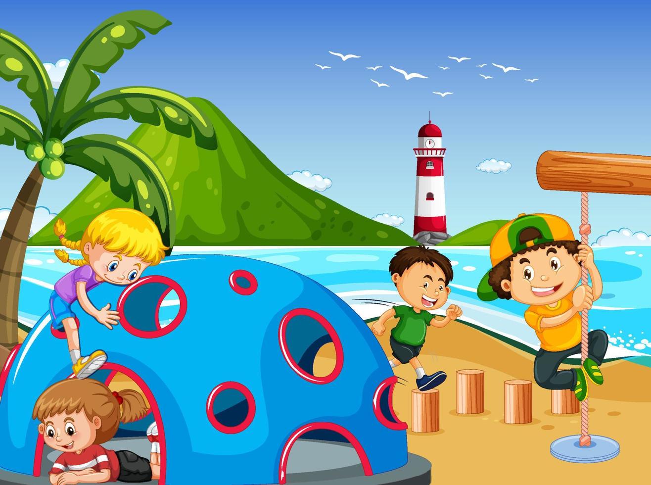 parque infantil en la playa con niños felices vector