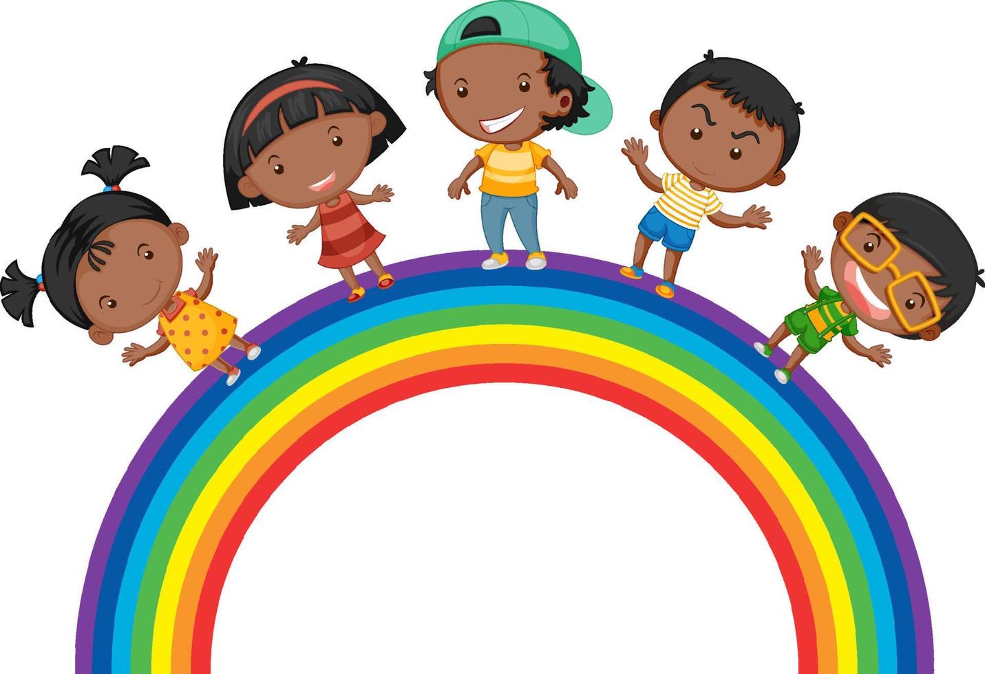 Children standing on rainbow together vector