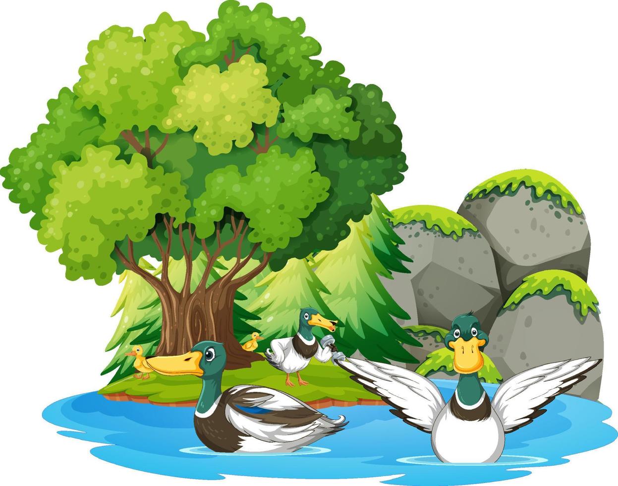 grupo de patos felices en la escena de la naturaleza vector