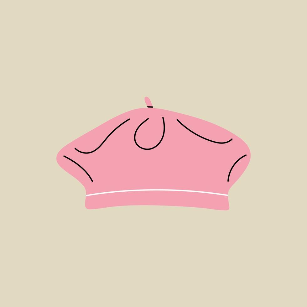 Head accessory element in modern style flat, line style. Hand drawn vector illustration of beret, cap, barret fashion style, cartoon design, patch, badge, emblem.