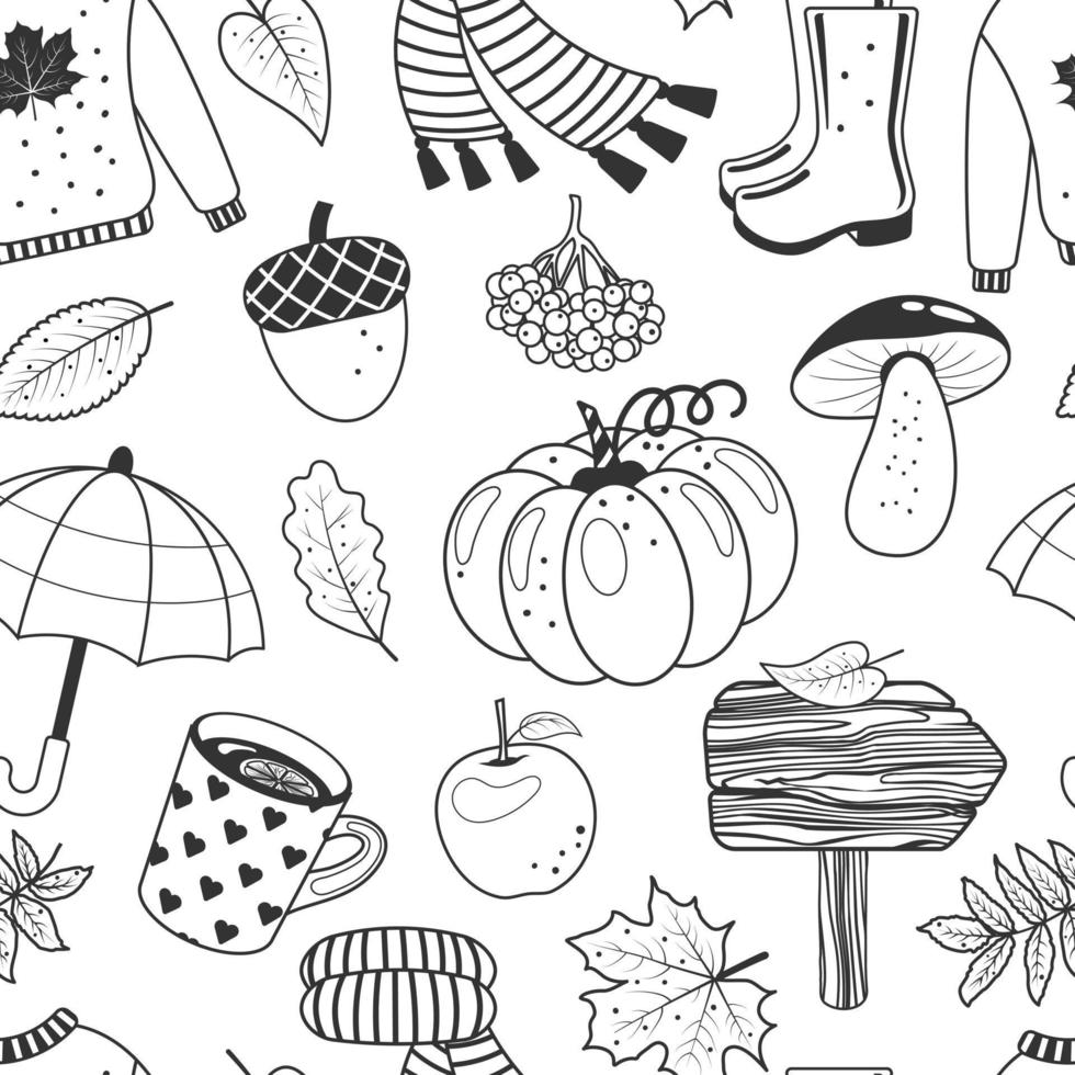 monocromo sin costura modelo desde otoño elementos. hojas, calabaza, bellota, suéter, bufanda, hongos y otro símbolos de otoño y otoño. negro y blanco interminable textura. vector ilustración. contorno