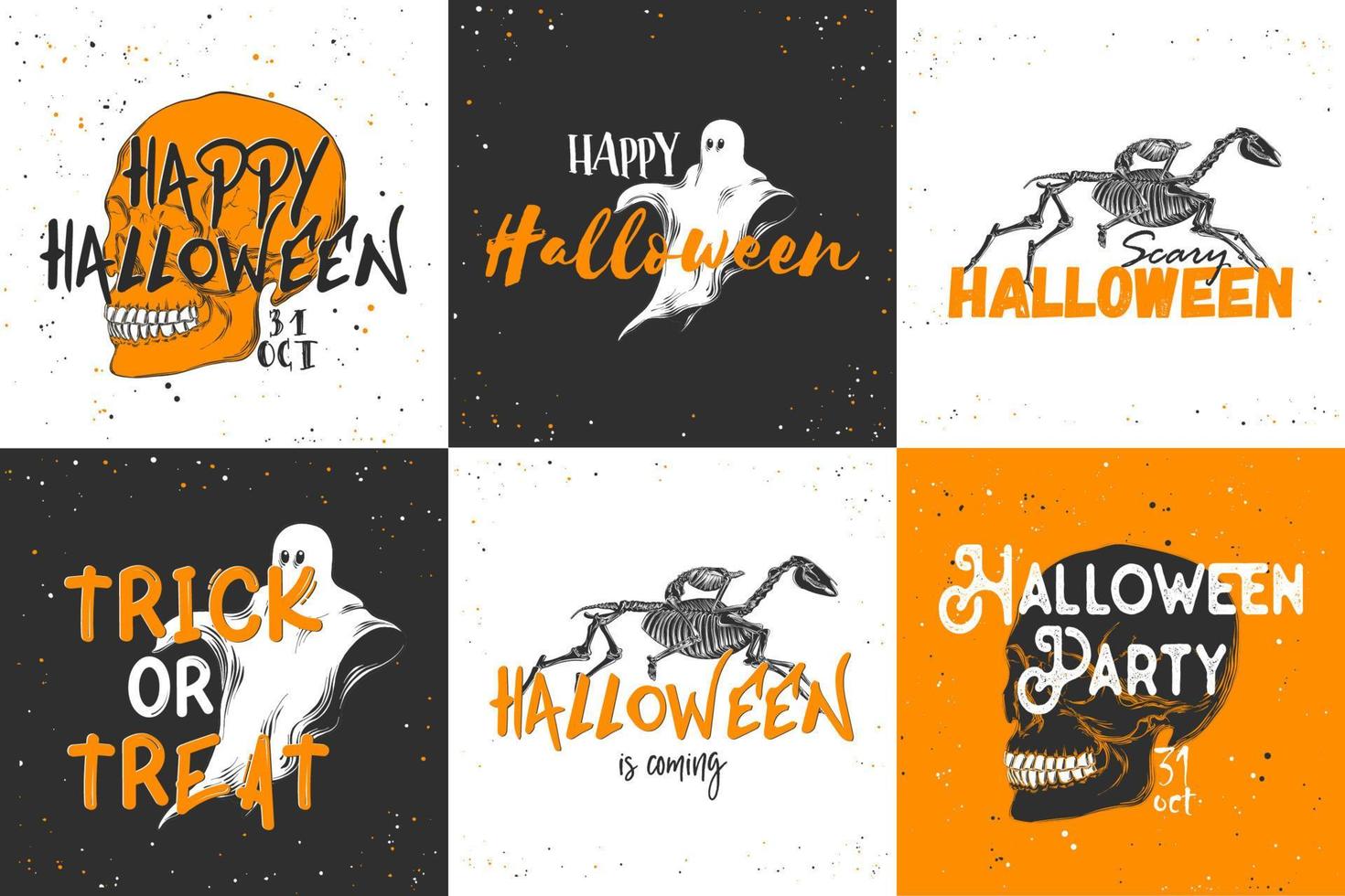 Engraved style posters collection with typography, decoration and print. Hand drawn sketch of ghost with modern text. Detailed vintage etching style drawing, Halloween cards for invitation. vector
