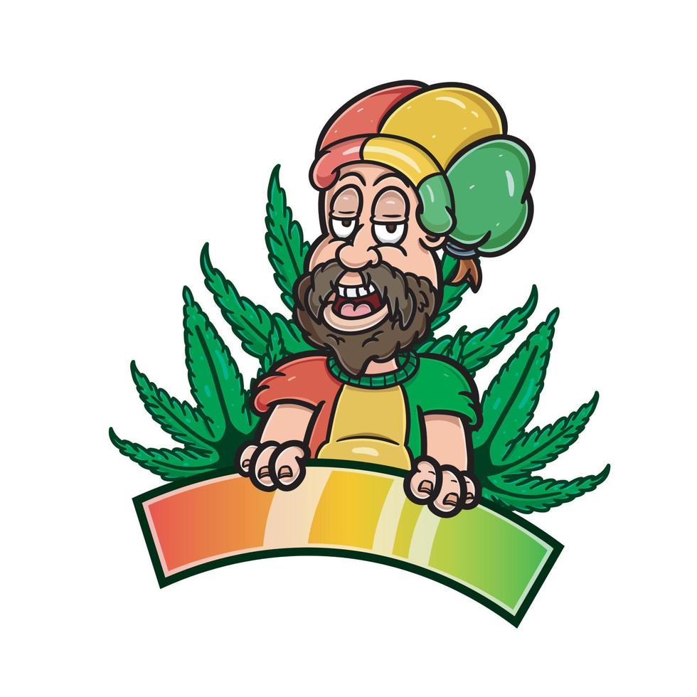 Cartoon Mascot of Bearded Boy With Reggae Style and Cannabis Leaf. vector