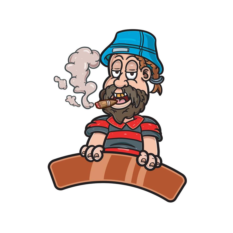 Cartoon Mascot of Bearded Boy With Smoking and Wear Hat. vector