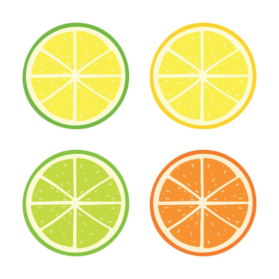 limón, naranja, Lima rebanadas frutas icono vector para verano bebida y bebida ingrediente en blanco antecedentes