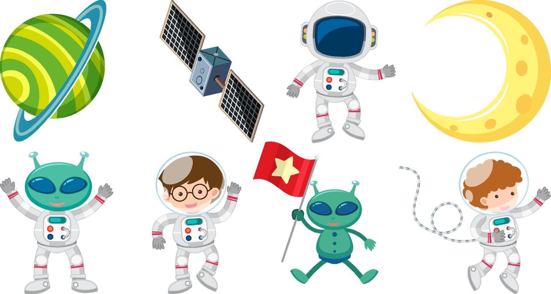 Set of space cartoon characters and objects vector