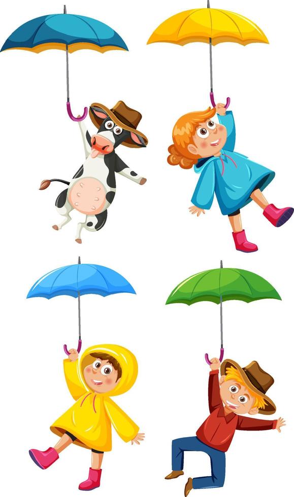 Kids in raincoat and holding umbrella vector