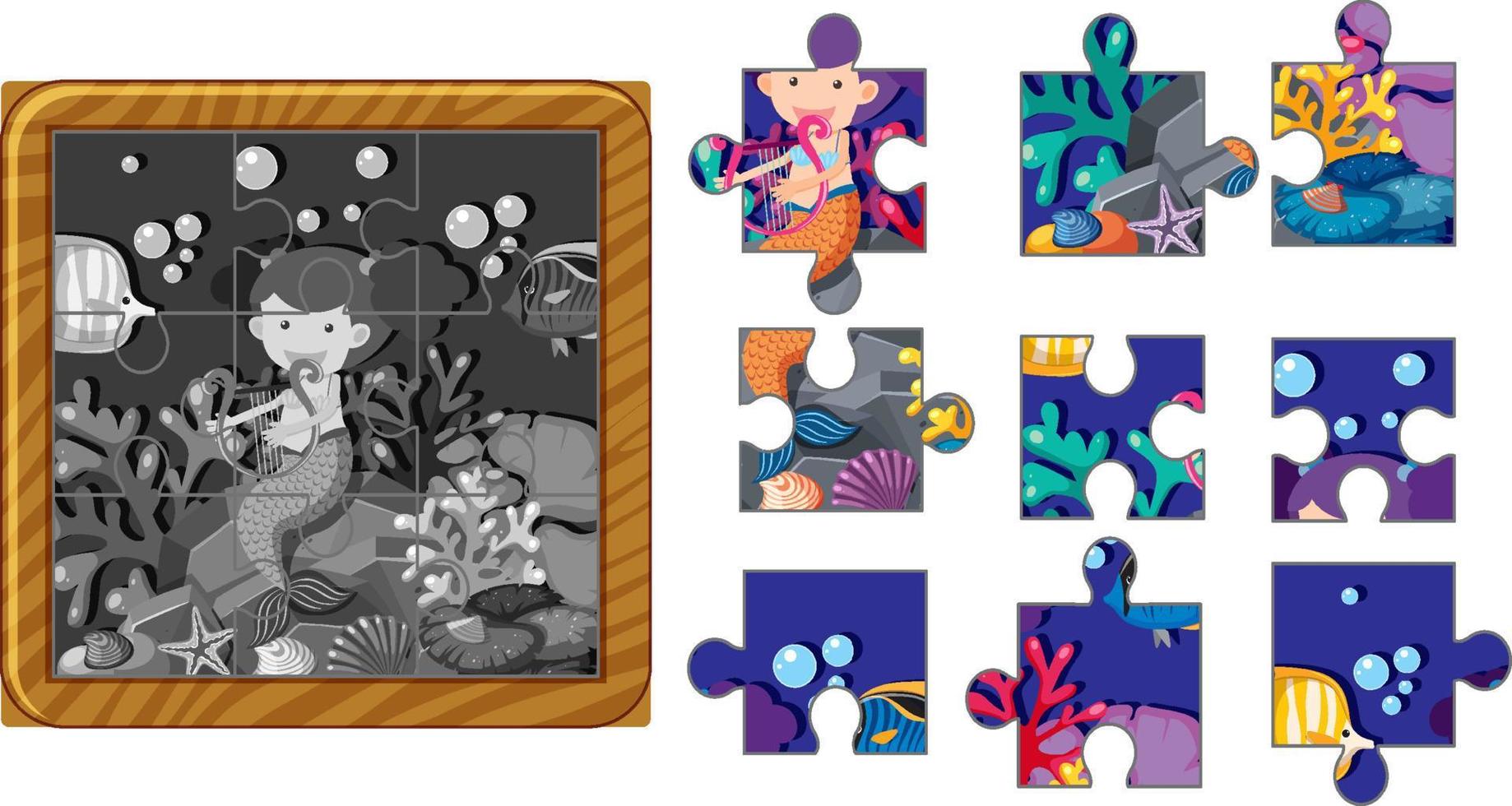 Mermaid photo jigsaw puzzle game template vector