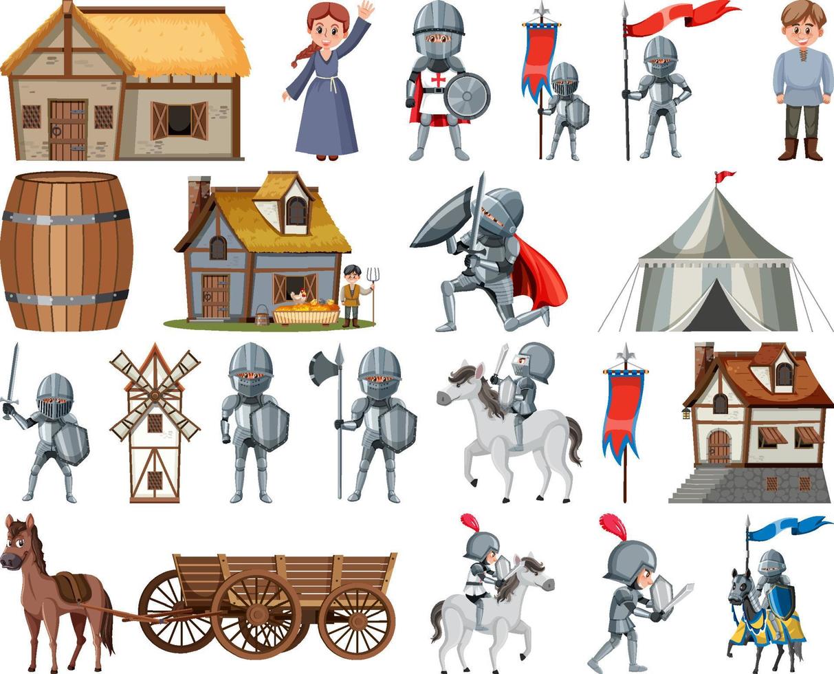 Medieval cartoon characters and objects vector