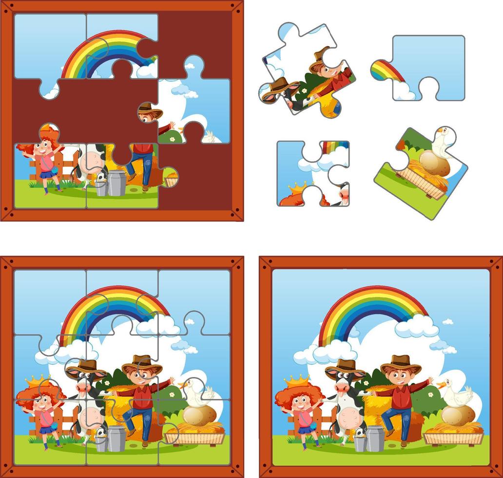 Farm characters photo puzzle game template vector