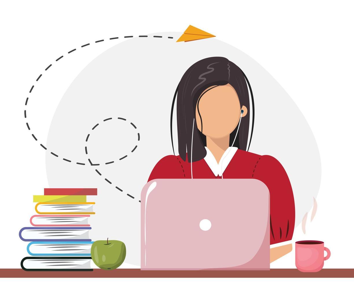 Woman with the headset sitting and studying from the laptop. Online studying, home office, communication, internet, communication, business concept illustration in flat faceless style. vector