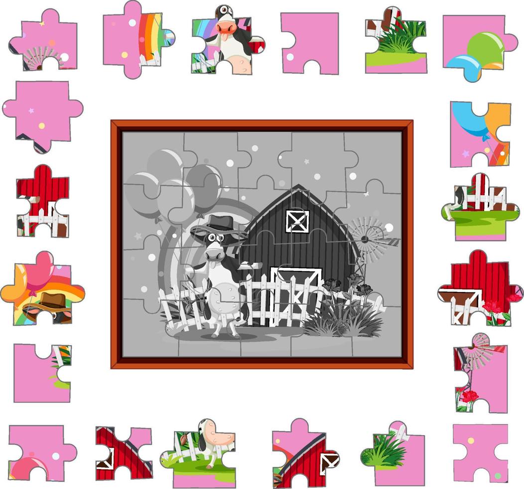 Cow in the farm photo jigsaw puzzle game template vector