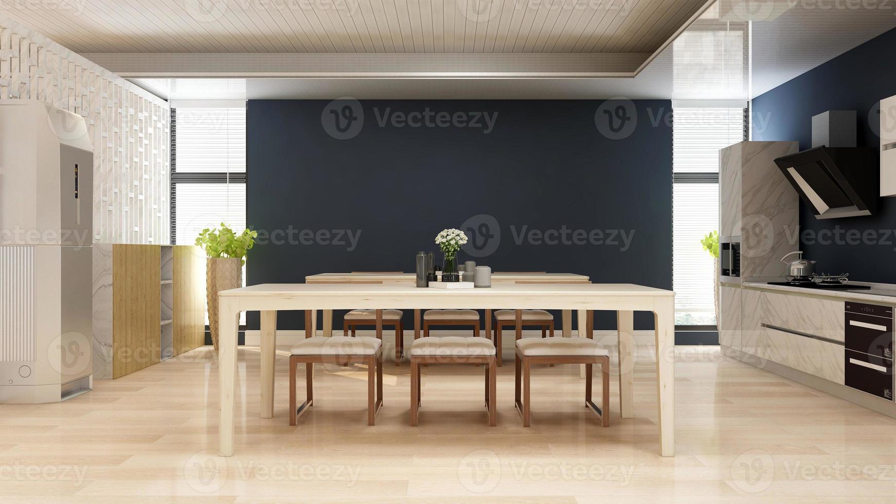 Modern long table office pantry in white - interior design minimalist dining room concept 3D render photo