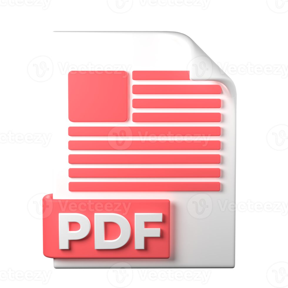 PDF File Type 3D rendering on transparent background. Ui UX icon design web and app trend png