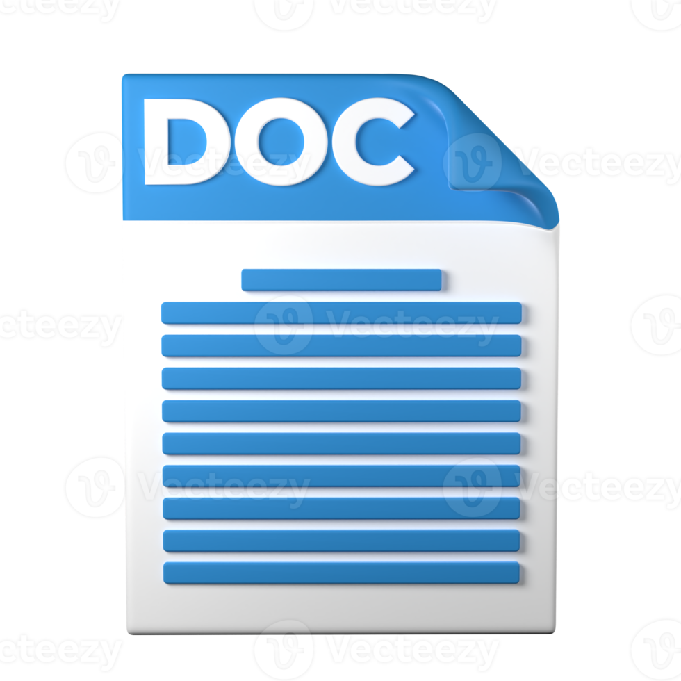 DOC File Type 3D rendering on transparent background. Ui UX icon design web and app trend png