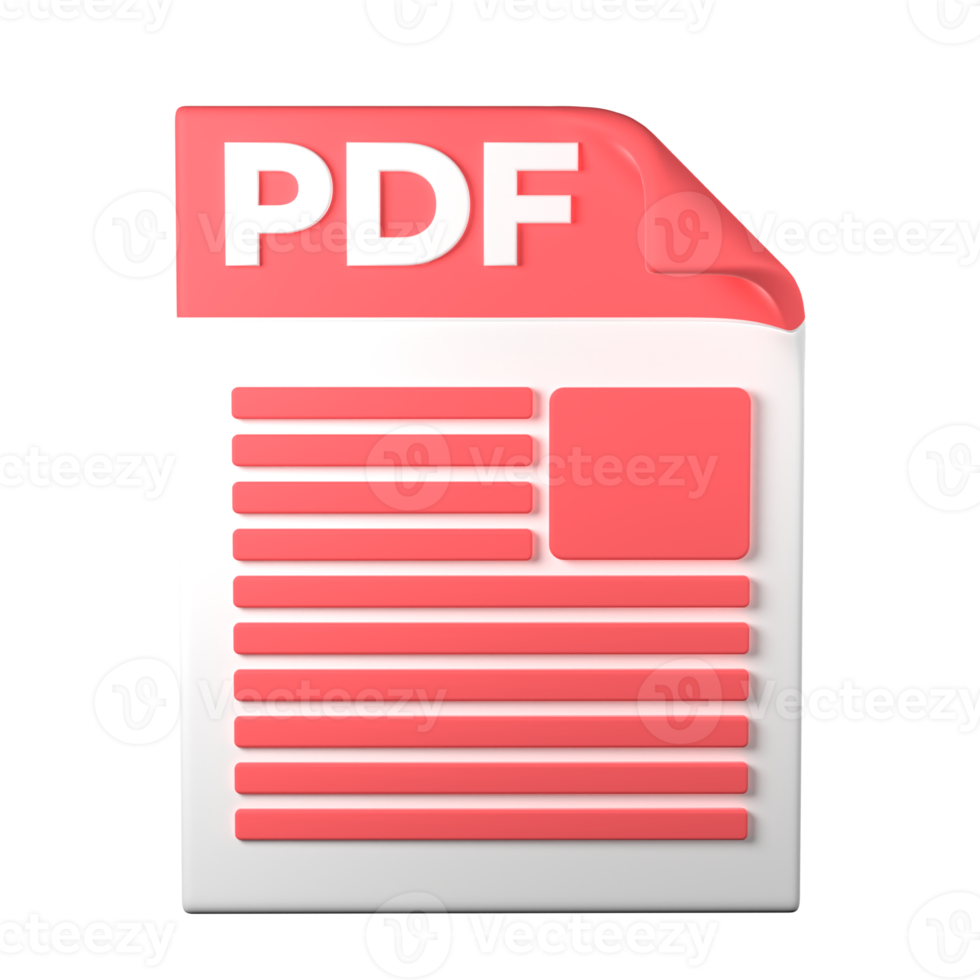 PDF File Type 3D rendering on transparent background. Ui UX icon design web and app trend png