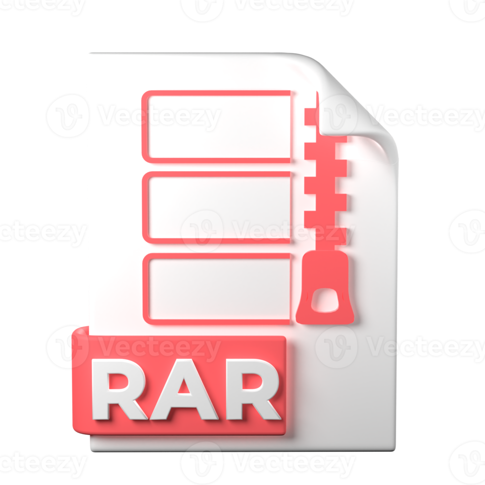 RAR File Type 3D rendering on transparent background. Ui UX icon design web and app trend png