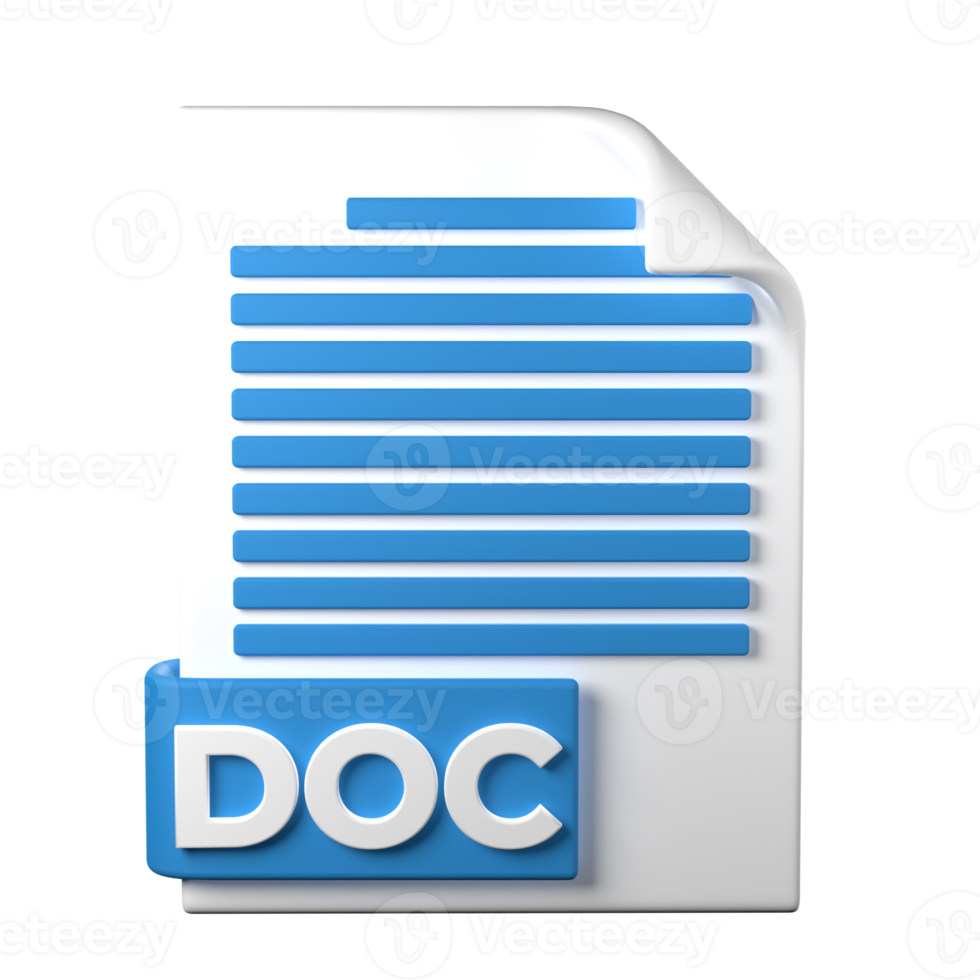 DOC File Type 3D rendering on transparent background. Ui UX icon design web and app trend png