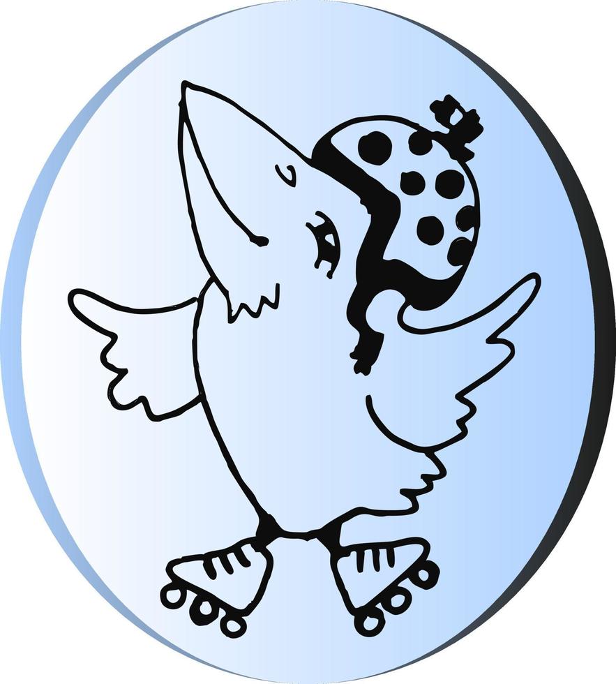 Pins depicting humanized birds  roller skating and scootering. Linear contour image. vector
