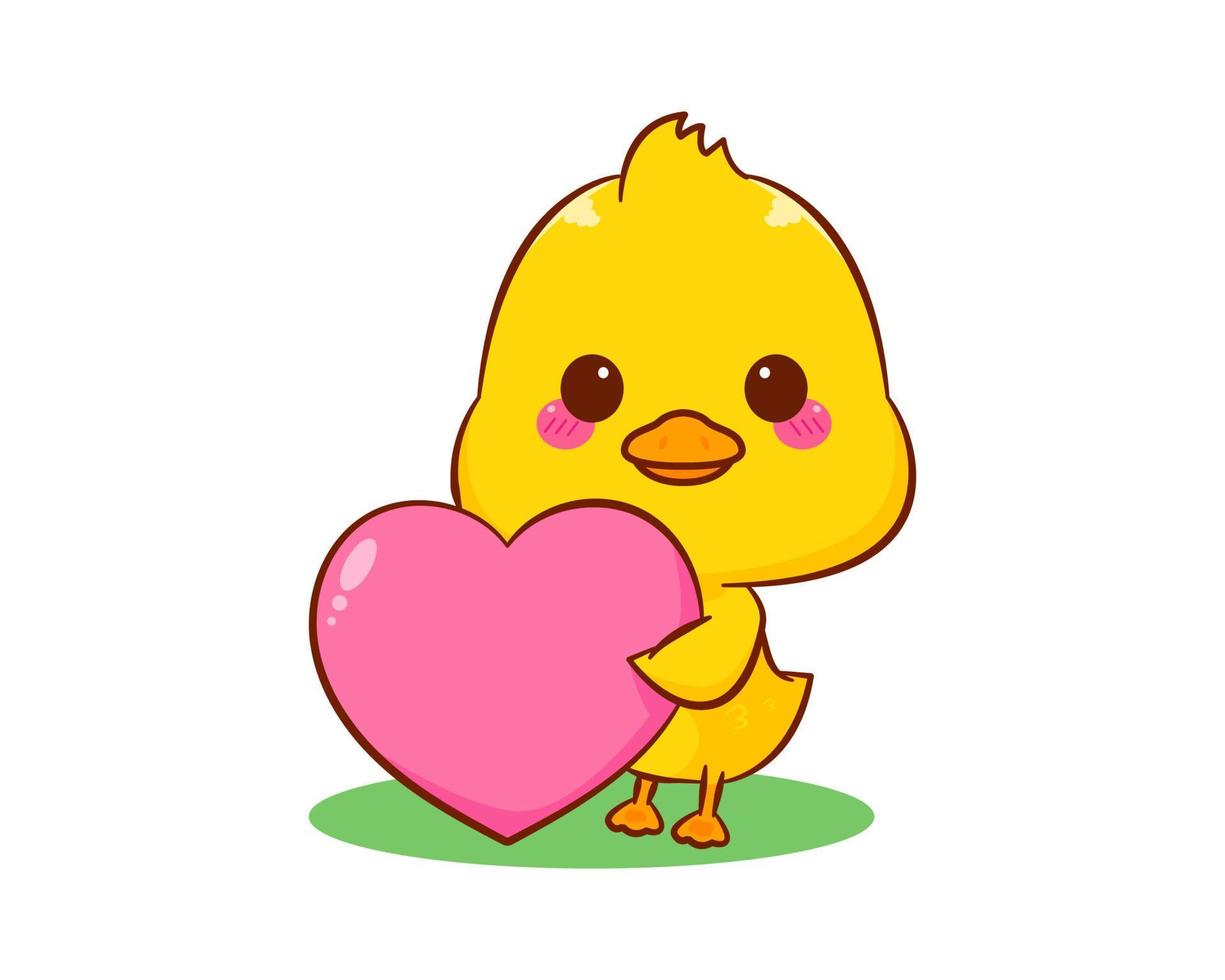 Cute little duck with big love heart cartoon character isolated white background. Vector art illustration