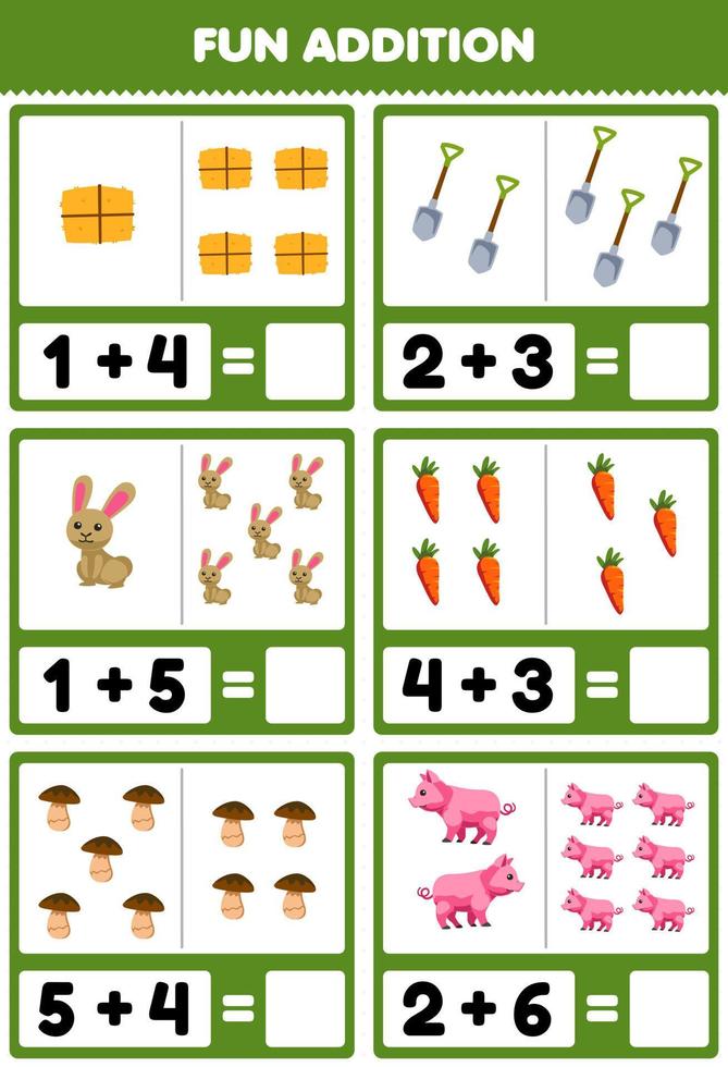 Education game for children fun addition by counting and sum of cute cartoon hay hoe rabbit carrot mushroom pig printable farm worksheet vector