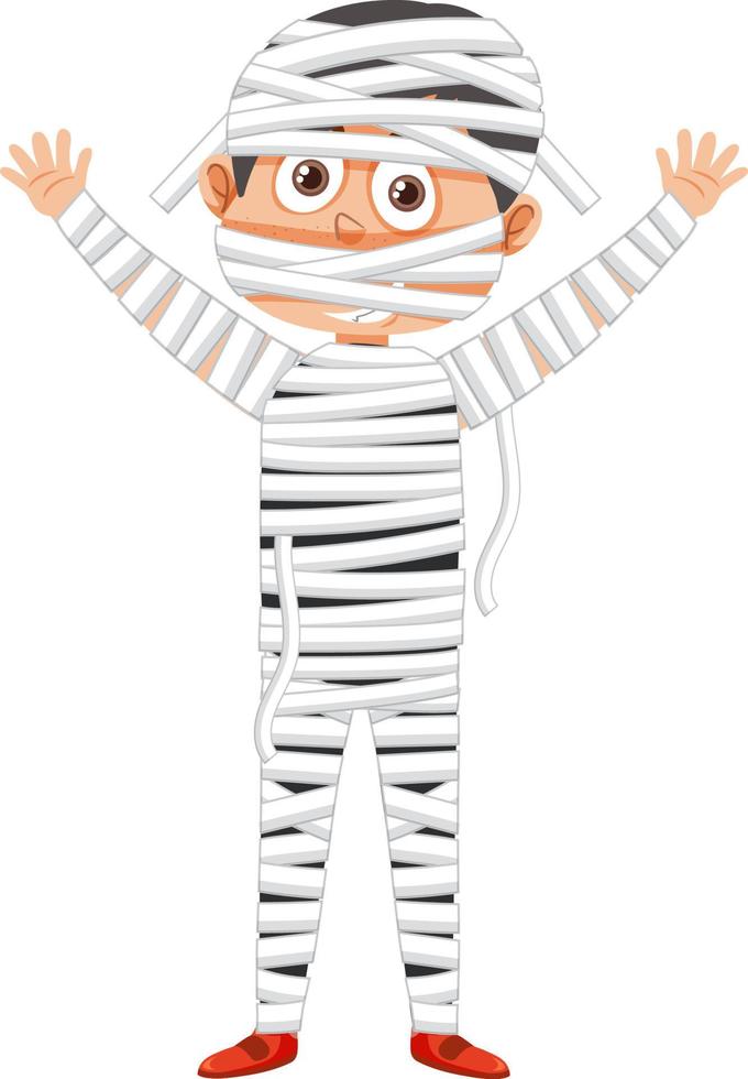 Cute boy cartoon character wearing mummy costume for halloween vector