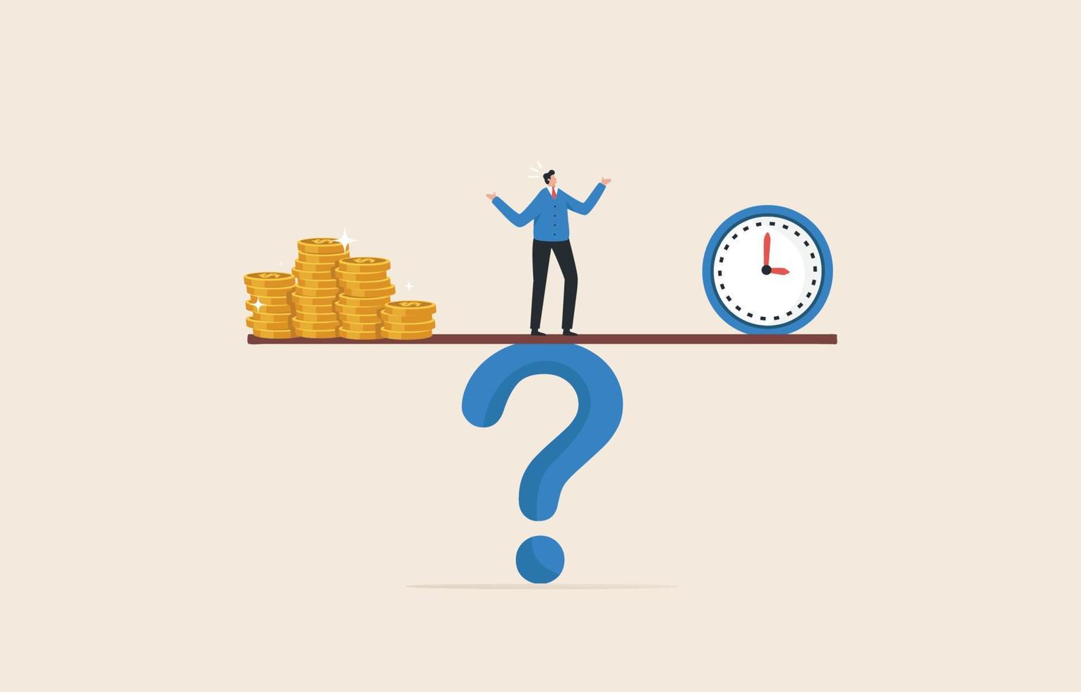 Money Time Balance. Balance between time clock and dollar coin on seesaw. Long and short term investments. Businessman contemplating money and time. vector