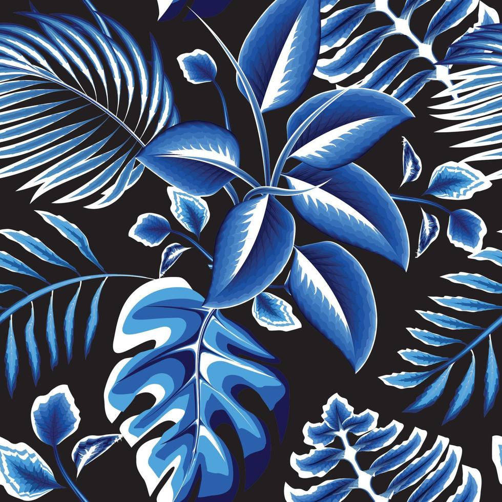 tropical brillante azul monocromo en oscuro con exótico noche selva ilustración sin costura modelo. de moda textura. follaje antecedentes. verano diseño. naturaleza decorativo. selva fondo de pantalla vector