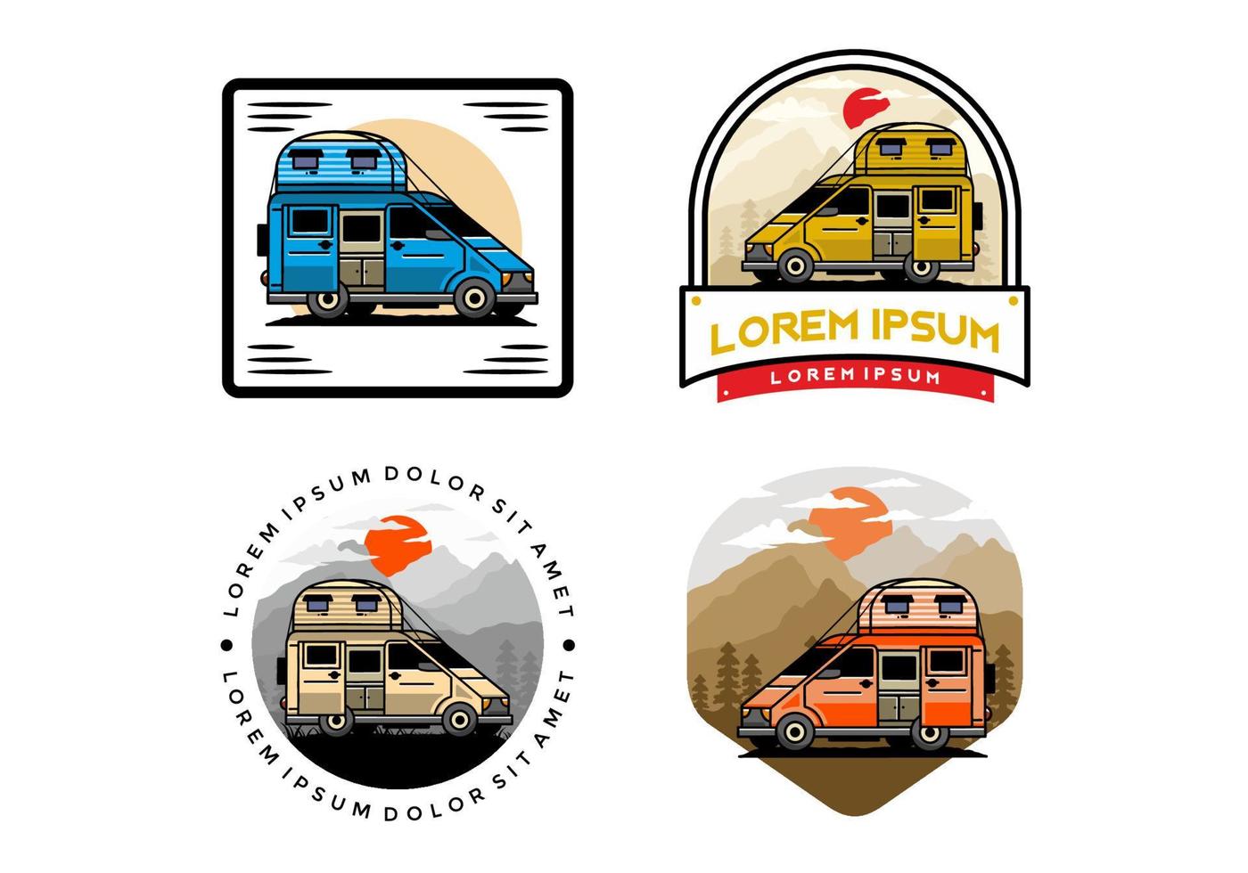 Big van with roof box tent illustration badge vector