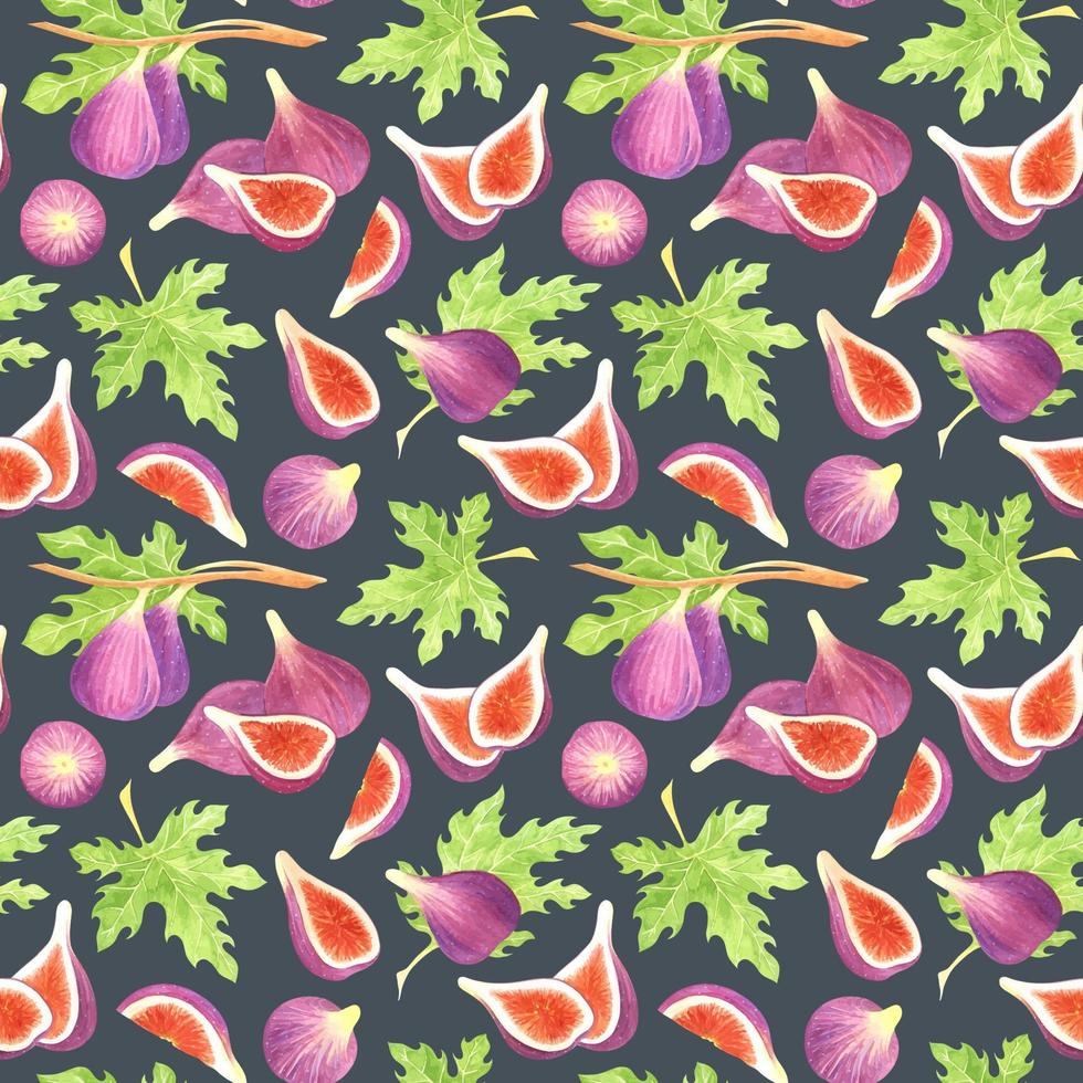 GRAY VECTOR SEAMLESS PATTERN WITH WATERCOLOR FIG FRUITS