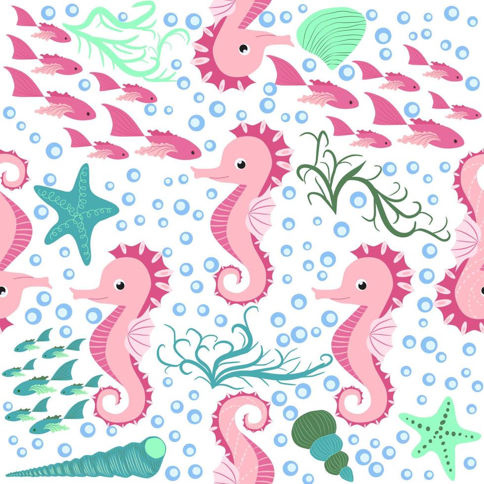 Seahorse and starfish seamless pattern. Sea life summer background. Cute sea life. Design for fabric and decor vector