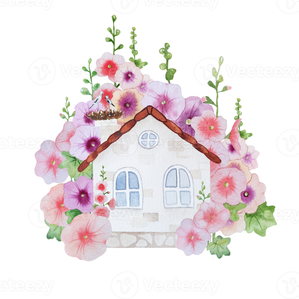 Watercolor house with pink flowers mallow png