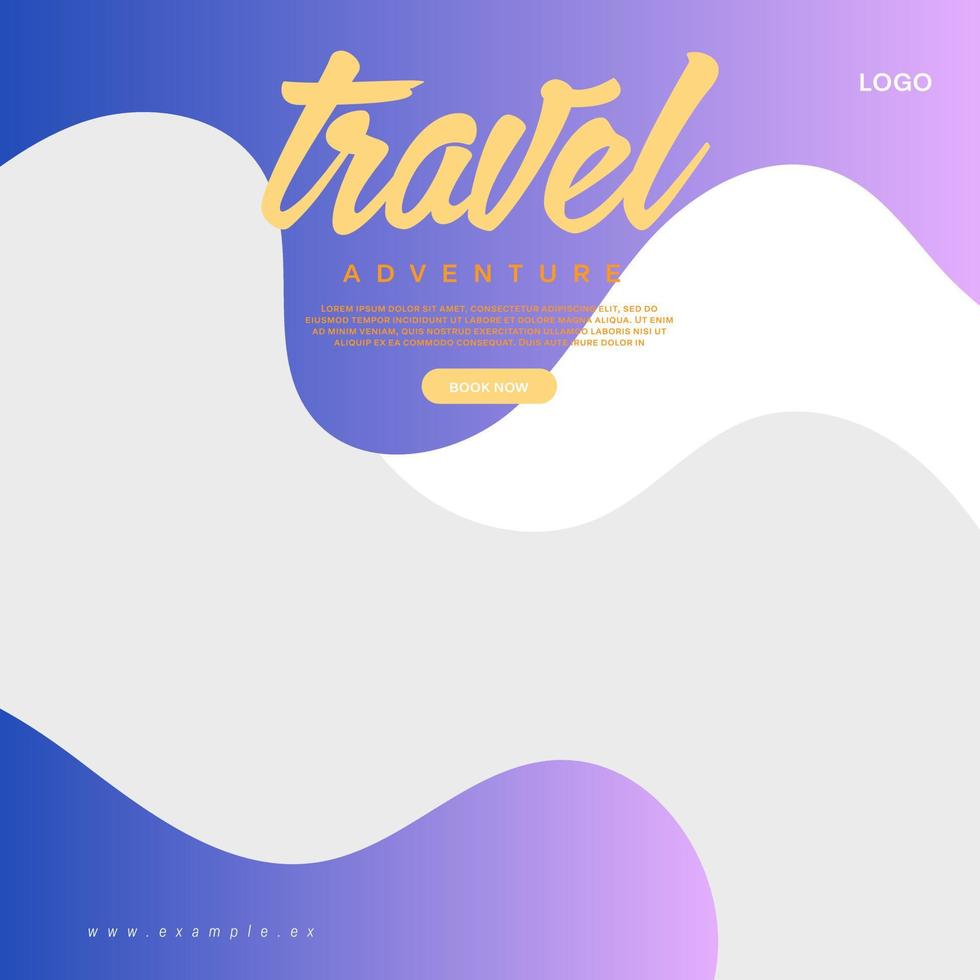 Social media post template for travel and tourism business promotion with agency logo and icons. Summer beach vacation web banner on abstract background. Travel sales poster. Online marketing flyer. vector