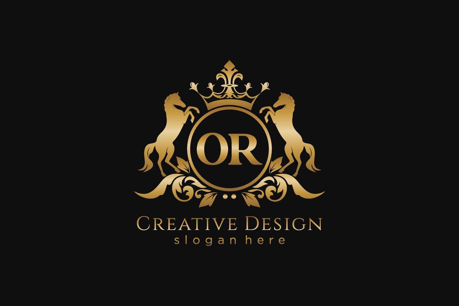 initial OR Retro golden crest with circle and two horses, badge template with scrolls and royal crown - perfect for luxurious branding projects vector