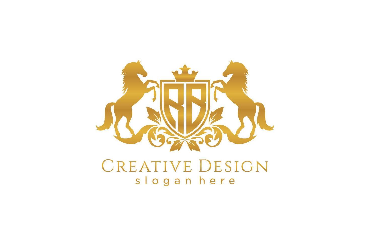 initial RB Retro golden crest with shield and two horses, badge template with scrolls and royal crown - perfect for luxurious branding projects vector