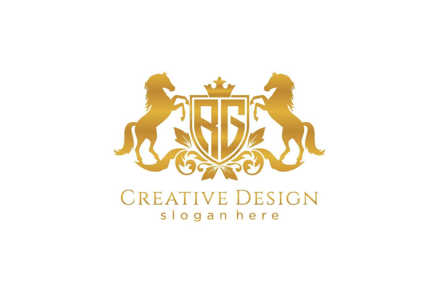 initial RG Retro golden crest with shield and two horses, badge template with scrolls and royal crown - perfect for luxurious branding projects vector